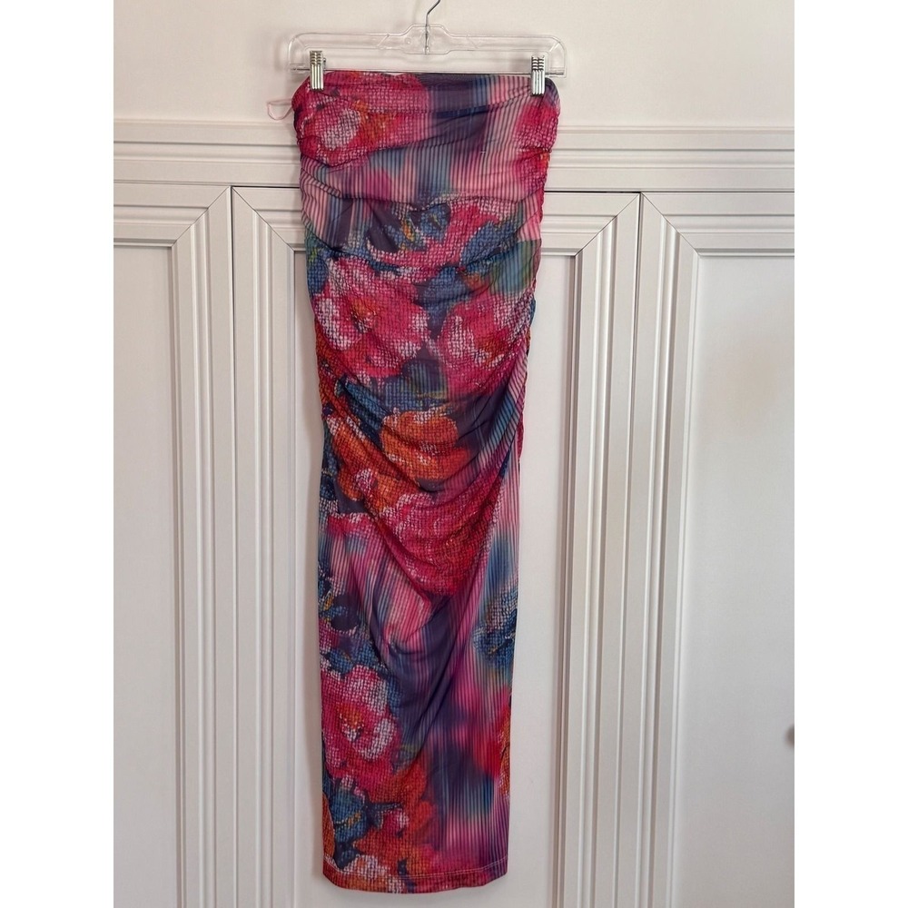 Anthropologie Pink Floral Ruched Mesh Strapless Midi Dress - Picture 2 of 7